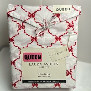 Laura Ashley Red Bows & Ribbons 4pc Sheet Set QUEEN Percale Cotton Brand New